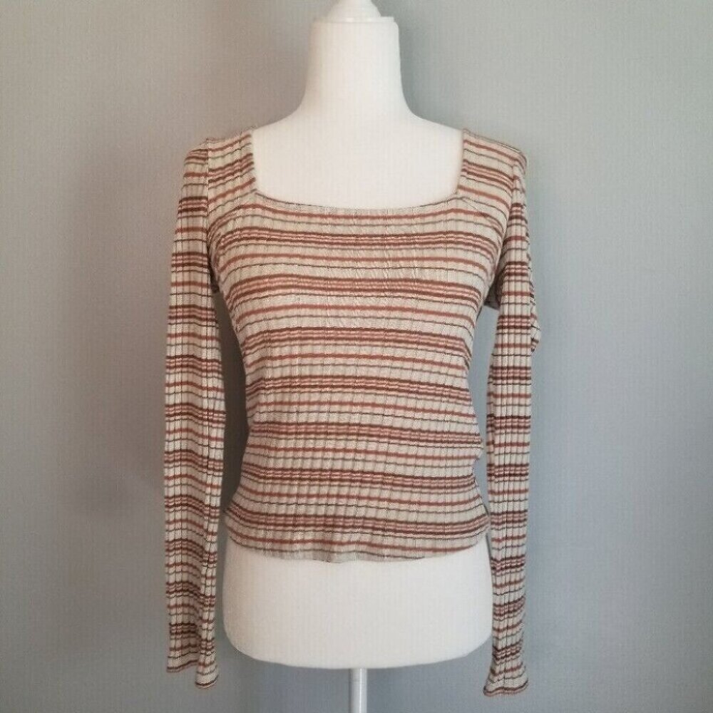 Alya Cream & Orange Stripe Square Neck Long Sleeve Top Size Medium NWT